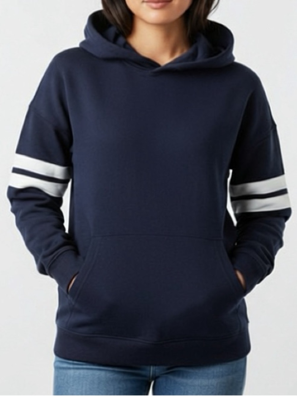 Danskin Navy Hooded Women's Sweatshirt with White Sleeve Stripes-XL